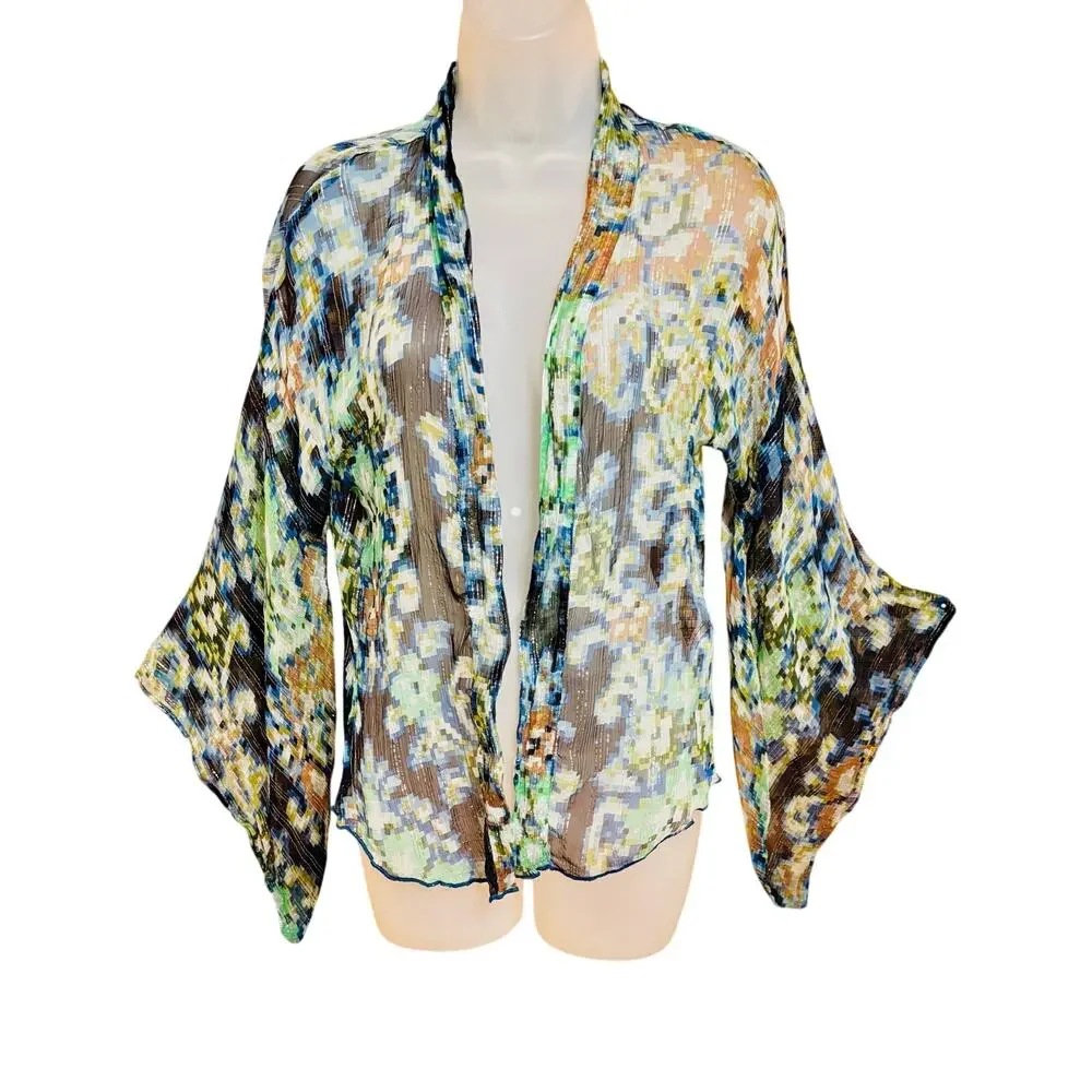 Free People Fleur De Lis blue sheer floral cardigan Kimono style duster sz Small